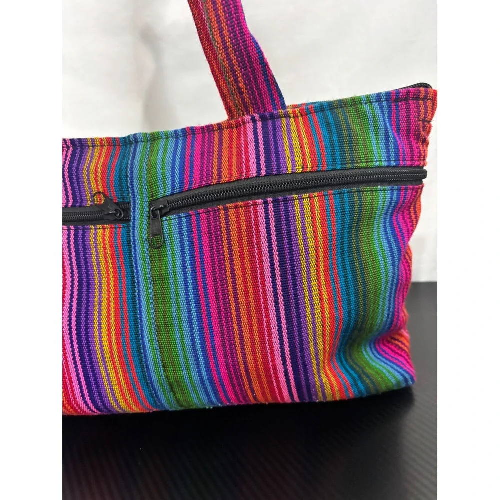 Mexican Floral Embroidered Tote Bag Boho Striped Woven Shoulder Bag Multi-Color